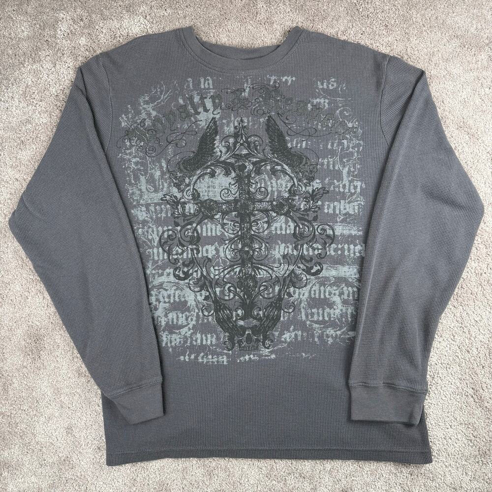 Vtg MMA Elite Thermal Shirt Long Sleeve Graphic Cross Grey Size XL Y2k Grunge